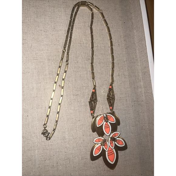 STELLA & DOT Hibiscus Orange Enamel Rhinestone Crystal Long Statement Necklace - Picture 5 of 8